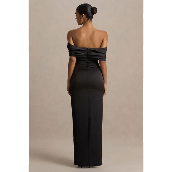 Valeria | Robe Longue en Satin Noir à Encolure Bardot Torsadée