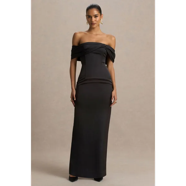 Valeria | Robe Longue en Satin Noir à Encolure Bardot Torsadée
