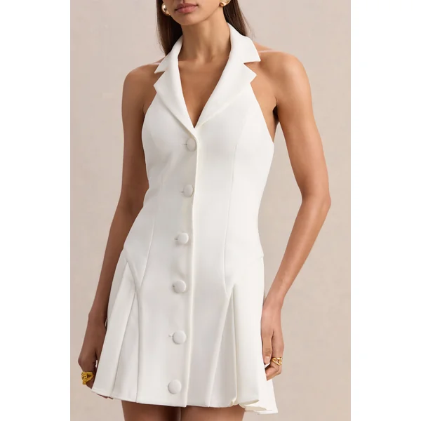 Valetta | Mini-robe blanche à décolleté plongeant et coupe cintrée