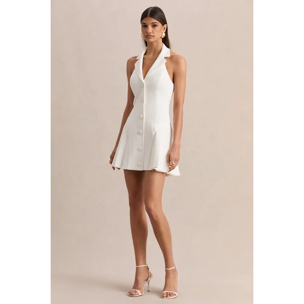 Valetta | Mini-robe blanche à décolleté plongeant et coupe cintrée