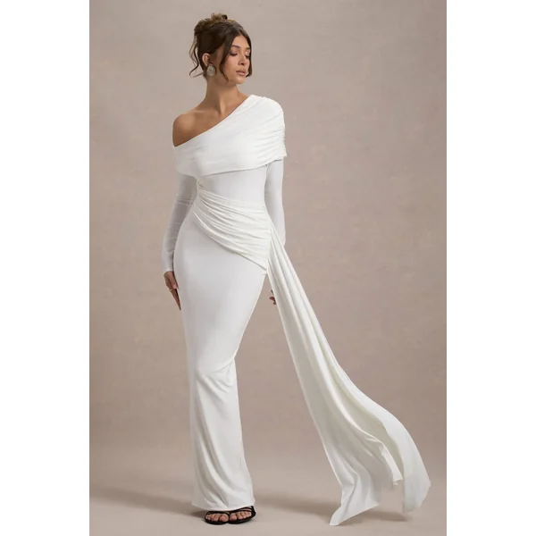 Valina | Robe longue asymétrique blanche froncée avec drapé