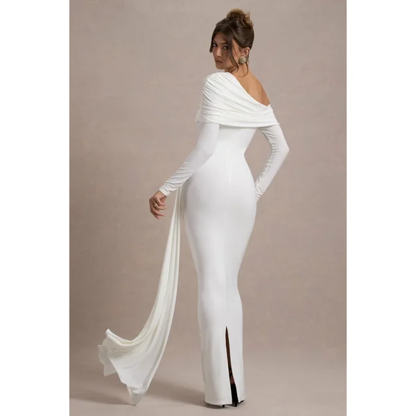 Valina | Robe longue asymétrique blanche froncée avec drapé