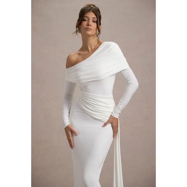 Valina | Robe longue asymétrique blanche froncée avec drapé