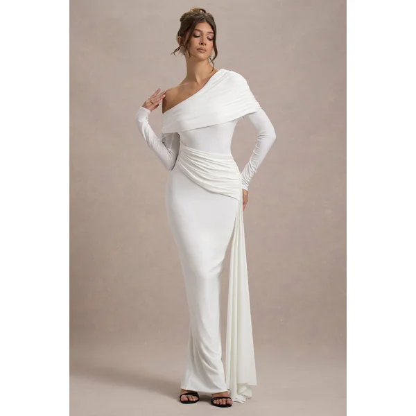 Valina | Robe longue asymétrique blanche froncée avec drapé