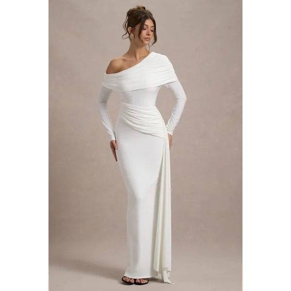 Valina | Robe longue asymétrique blanche froncée avec drapé