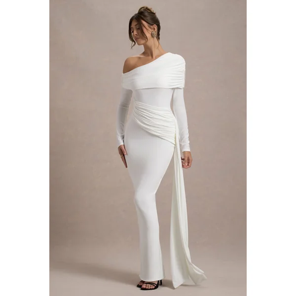 Valina | Robe longue asymétrique blanche froncée avec drapé