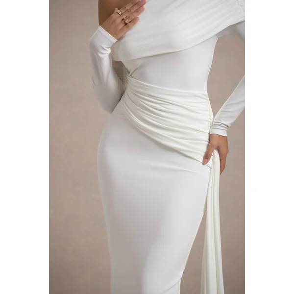 Valina | Robe longue asymétrique blanche froncée avec drapé