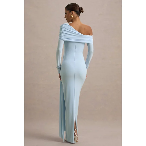 Valina | Robe longue asymétrique bleu poudré froncée avec drapé
