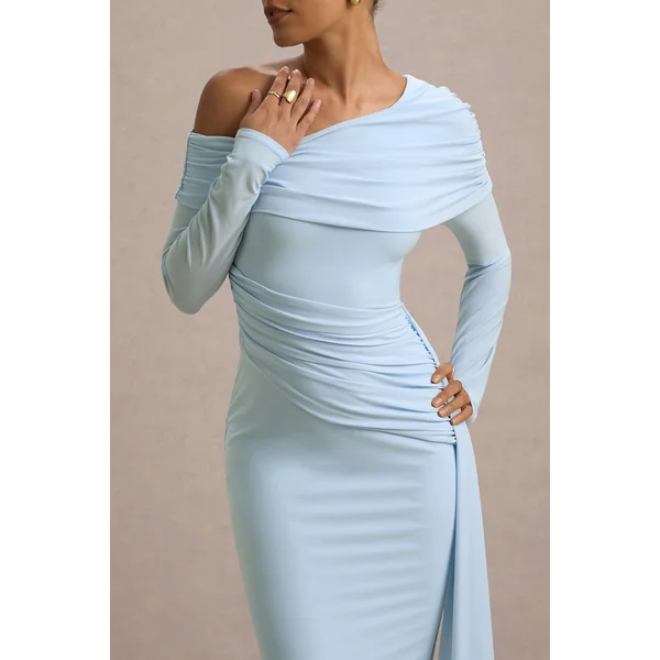 Valina | Robe longue asymétrique bleu poudré froncée avec drapé