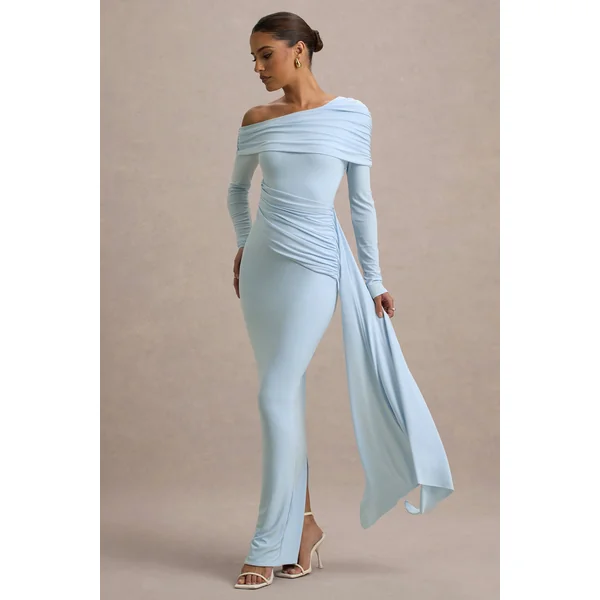 Valina | Robe longue asymétrique bleu poudré froncée avec drapé