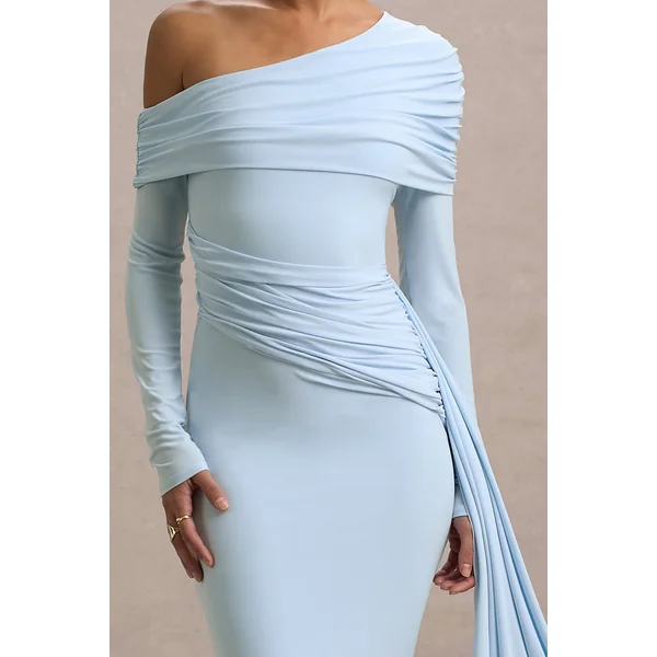 Valina | Robe longue asymétrique bleu poudré froncée avec drapé