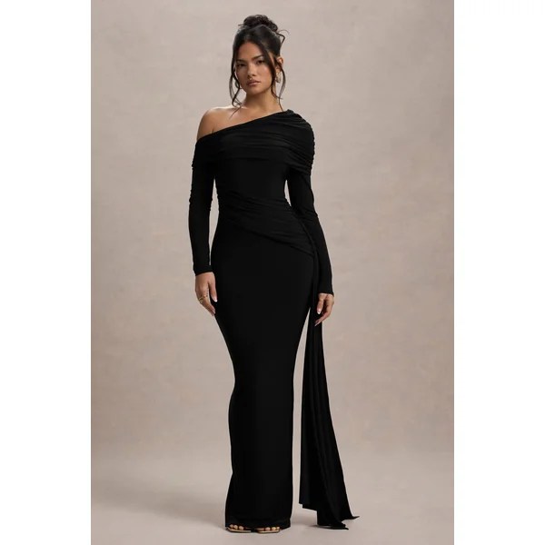Valina | Robe longue asymétrique noire froncée avec drapé