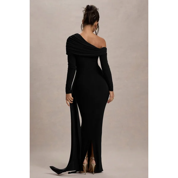 Valina | Robe longue asymétrique noire froncée avec drapé