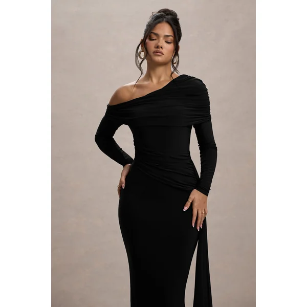 Valina | Robe longue asymétrique noire froncée avec drapé