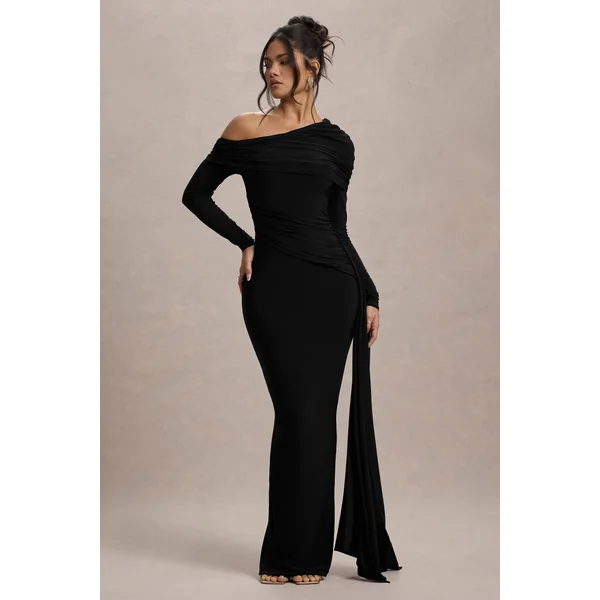 Valina | Robe longue asymétrique noire froncée avec drapé