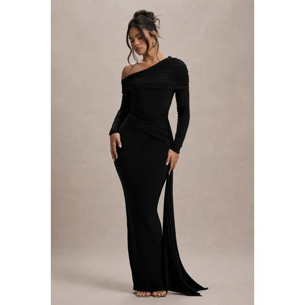 Valina | Robe longue asymétrique noire froncée avec drapé