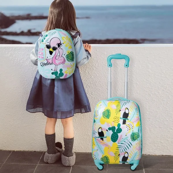 Valise 16’’ et Sac à Dos 12’’ pour Enfants Lot de 2 Bagages à Main avec Roulettes en PC et ABS avec Motif Flamingo