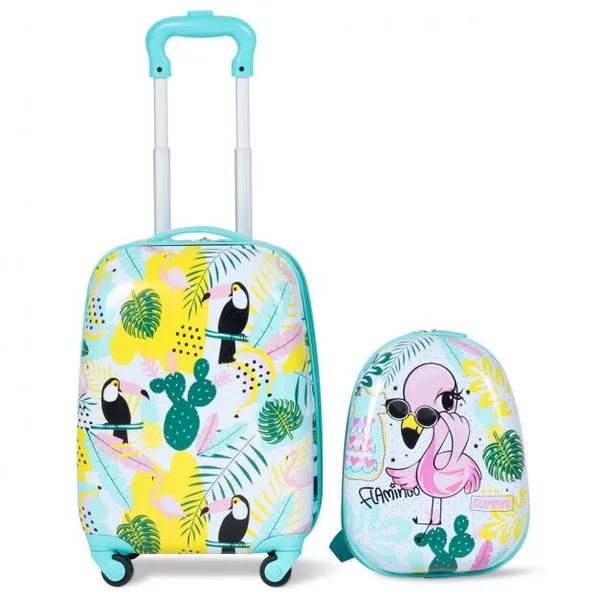 Valise 16’’ et Sac à Dos 12’’ pour Enfants Lot de 2 Bagages à Main avec Roulettes en PC et ABS avec Motif Flamingo