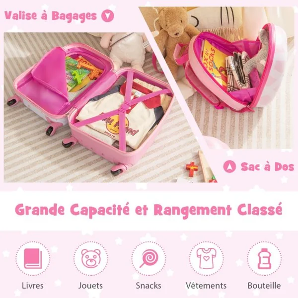 Valise 16 ’’ et Sac à Dos 12 ’’ pour Enfants Lot de 2 Bagages à Main avec Roulettes en PC et Abs avec Motif Licorne