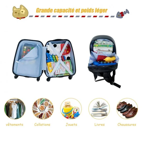 Valise 16’’ et Sac à Dos 12’’ pour Enfants Lot de 2 Bagages à Main avec Roulettes en PC et ABS avec Motif Petit Monstre