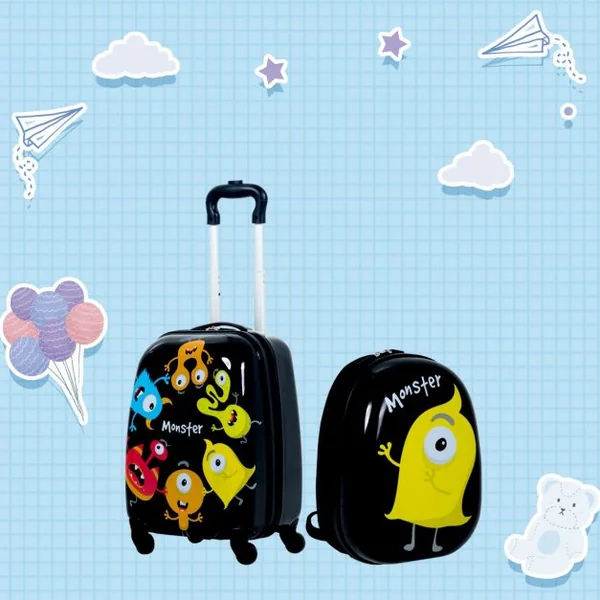 Valise 16’’ et Sac à Dos 12’’ pour Enfants Lot de 2 Bagages à Main avec Roulettes en PC et ABS avec Motif Petit Monstre