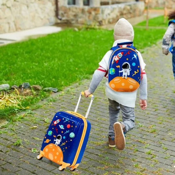 Valise Enfant 18" et Sac à Dos 12" Bagages à Main à Motif Astronaute avec 4 Roulettes Poignée Réglable Bleu Foncé