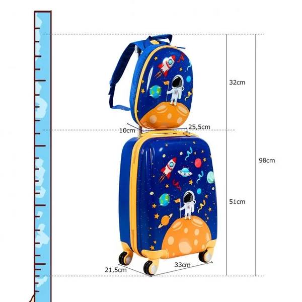 Valise Enfant 18" et Sac à Dos 12" Bagages à Main à Motif Astronaute avec 4 Roulettes Poignée Réglable Bleu Foncé