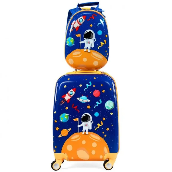 Valise Enfant 18" et Sac à Dos 12" Bagages à Main à Motif Astronaute avec 4 Roulettes Poignée Réglable Bleu Foncé