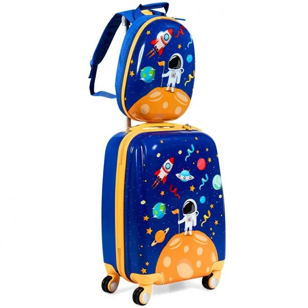 Valise Enfant 18" et Sac à Dos 12" Bagages à Main à Motif Astronaute avec 4 Roulettes Poignée Réglable Bleu Foncé