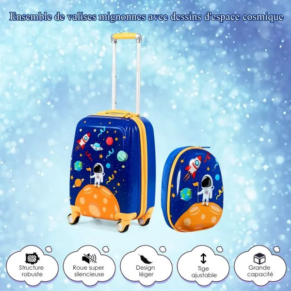 Valise Enfant 18" et Sac à Dos 12" Bagages à Main à Motif Astronaute avec 4 Roulettes Poignée Réglable Bleu Foncé