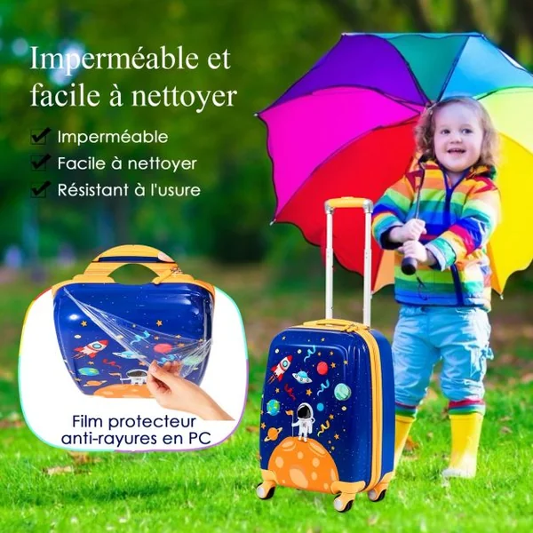 Valise Enfant 18" et Sac à Dos 12" Bagages à Main à Motif Astronaute avec 4 Roulettes Poignée Réglable Bleu Foncé