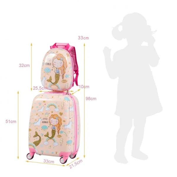 Valise Enfant 18" et Sac à Dos 12" Bagages à Main à Motif Sirène avec 4 Roulettes Poignée Réglable Rose