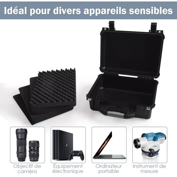 Valise Etanche pour Appareil Photo Professionnel et 3 Inserts en Mousse avec Poignée Ergonomique 41x33x17,5cm Noir