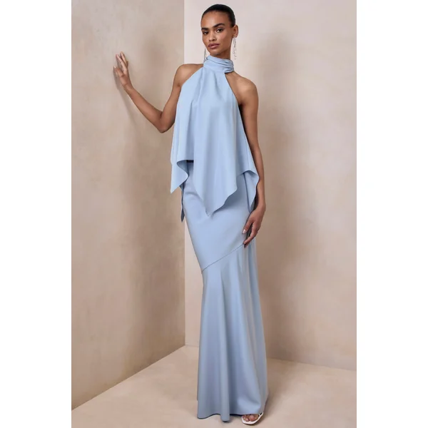 Vayla | Jupe longue en satin bleu poudré à taille basse asymétrique
