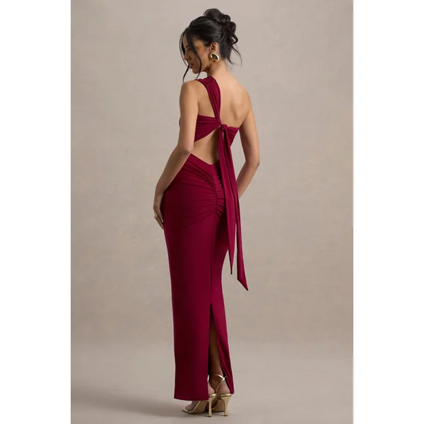 Venetia | Robe longue rouge bordeaux à une épaule avec lien dans le dos