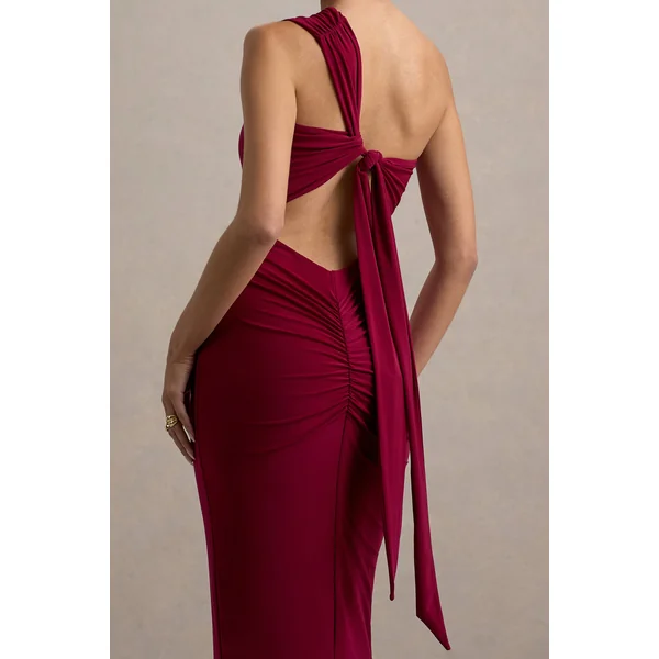 Venetia | Robe longue rouge bordeaux à une épaule avec lien dans le dos