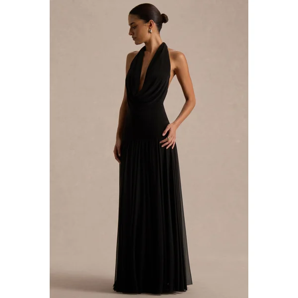 Verity | Robe longue noire à encolure drapée avec jupe transparente