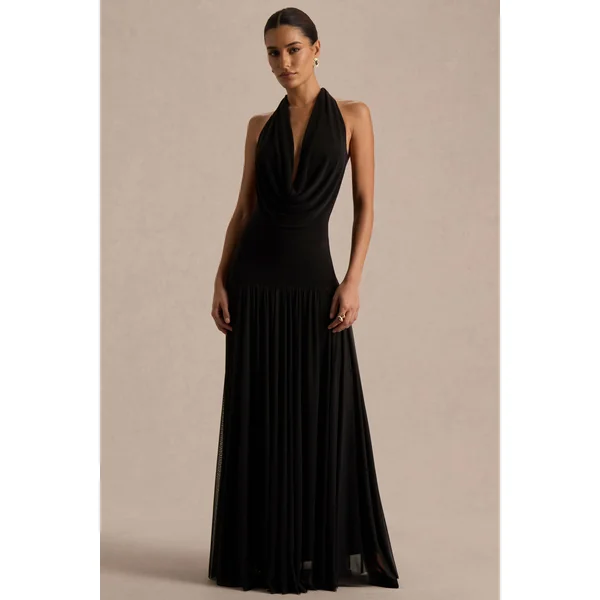 Verity | Robe longue noire à encolure drapée avec jupe transparente