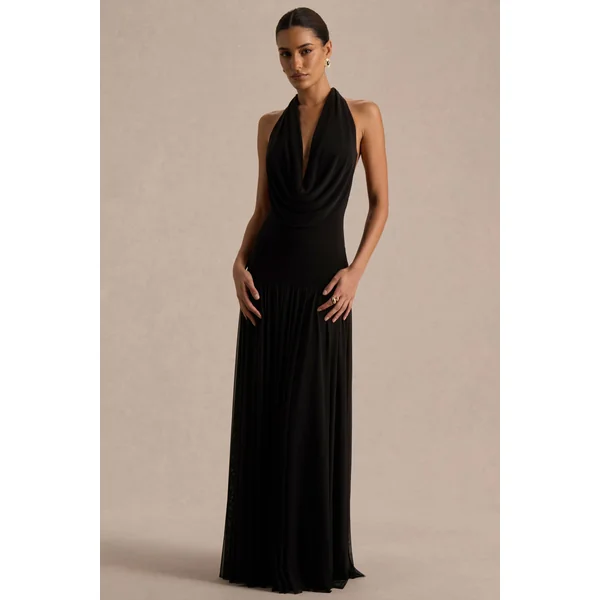 Verity | Robe longue noire à encolure drapée avec jupe transparente