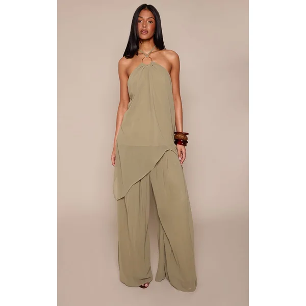 Vert Olive Ensemble Coordonné Haut Asymétrique Fluide Avec Détails Ajustés Tall