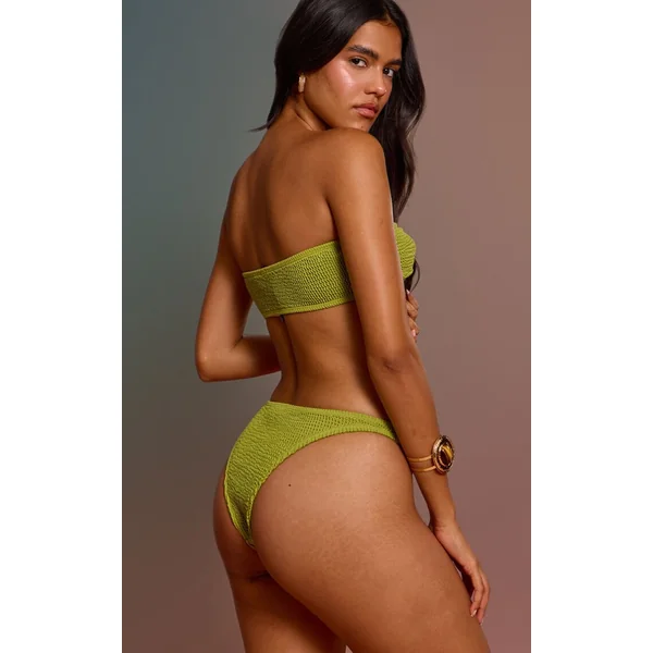 Vert Olive Haut De Bikini Bandeau Plissé À Nœud Frontal