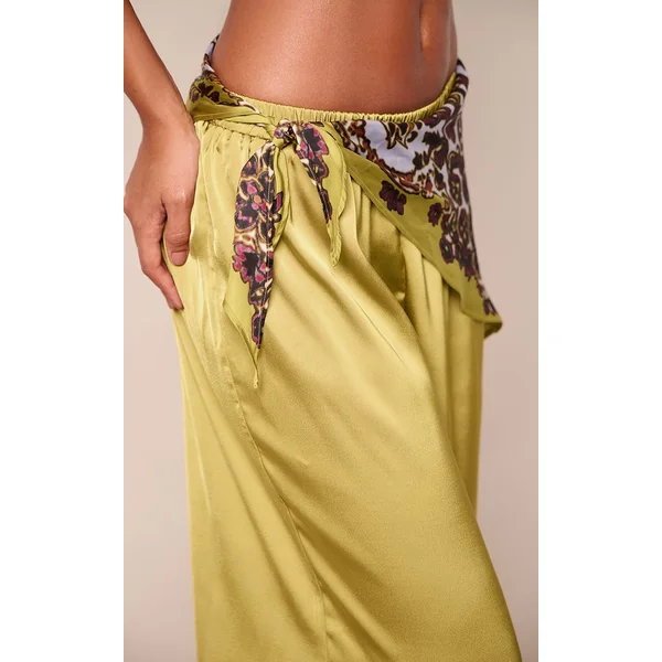 Vert Olive Pantalon En Satin À Jambes Ballon Avec Détail Foulard Noué