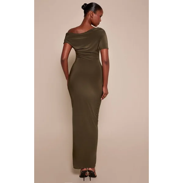 Vert Olive Robe Longue Asymétrique À Manches Froncées En Tissu Soyeux Double Épaisseur