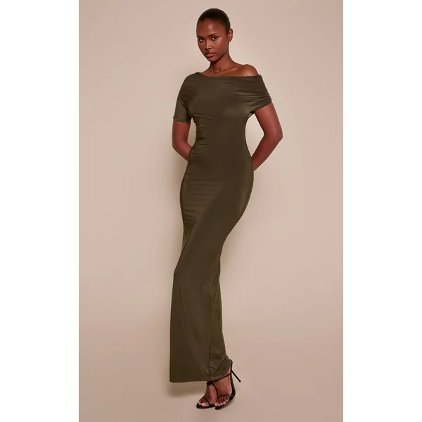 Vert Olive Robe Longue Asymétrique À Manches Froncées En Tissu Soyeux Double Épaisseur