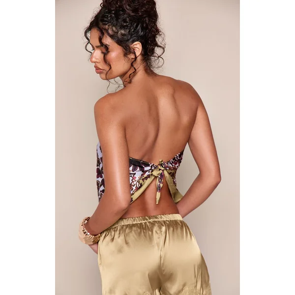Vert Olive Top Bandeau Imprimé Foulard En Satin