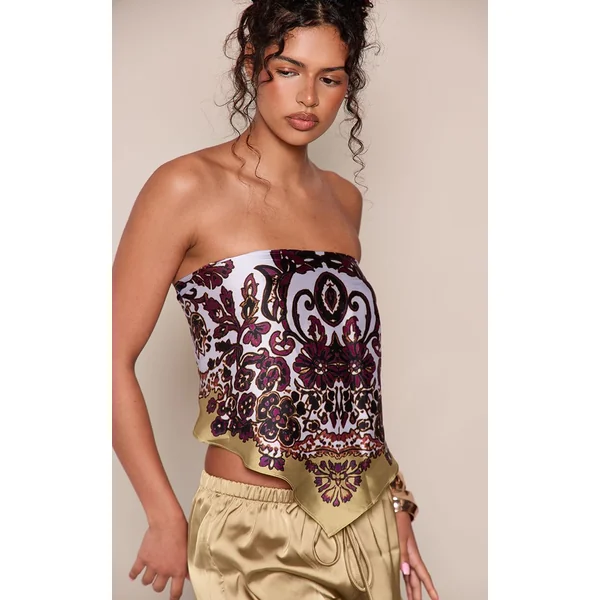 Vert Olive Top Bandeau Imprimé Foulard En Satin