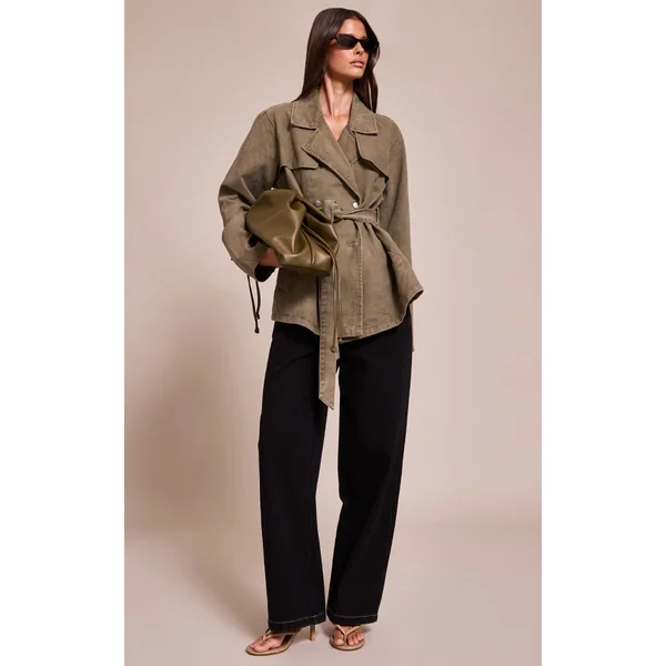 Vert Olive Trench Court En Denim Avec Ceinture