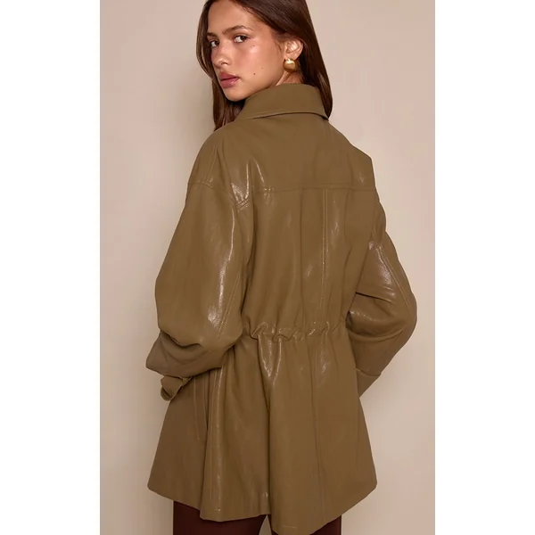 Vert Olive Veste Cintrée En Synthétique Brillant Texturé