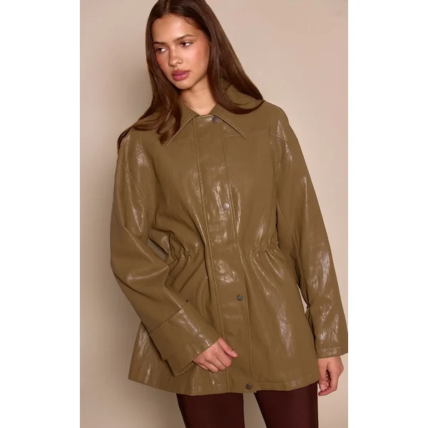Vert Olive Veste Cintrée En Synthétique Brillant Texturé