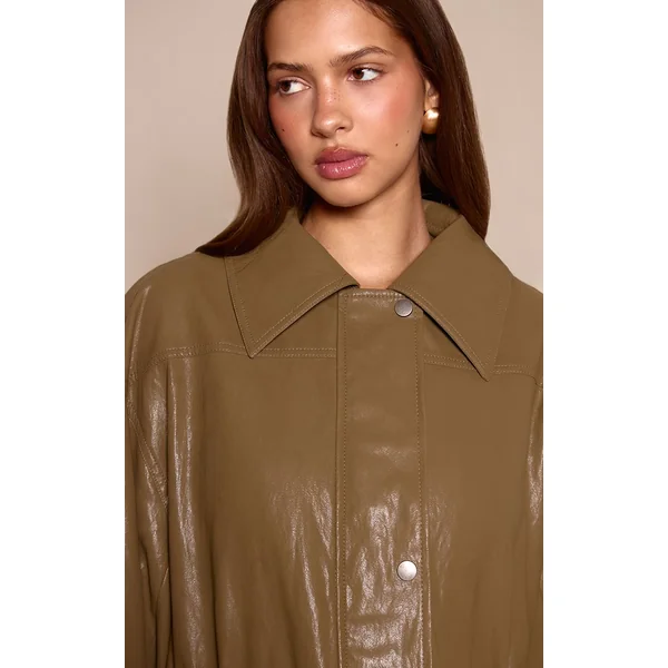 Vert Olive Veste Cintrée En Synthétique Brillant Texturé